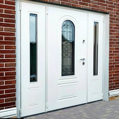 Двухстворчатая входная дверь в коттедж Snegir HOME 2050*2200мм SNG-2 ЛКП Белый со стеклом, с боковой фрамугой