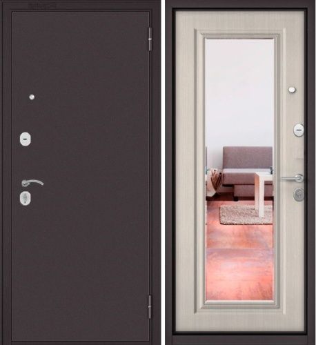 Входная дверь в квартиру Мастино (Бульдорс) Econom 60/140 (Букле шоколад - Ларче бьянко, зеркало)